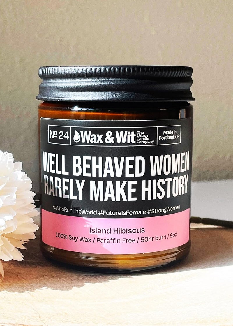 WAX & WIT Funny Candles. Scented Soy Candle Infused with Island Hibiscus - Great Gifts for Mom, Best Friend, Wife, Friend, Sister, Mother’s Day - (1) 9oz Glass Candle (Well Behaved Women) - Image 4