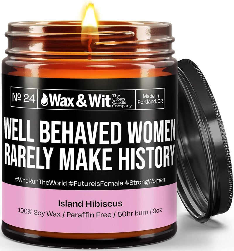 WAX & WIT Funny Candles. Scented Soy Candle Infused with Island Hibiscus - Great Gifts for Mom, Best Friend, Wife, Friend, Sister, Mother’s Day - (1) 9oz Glass Candle (Well Behaved Women) - Image 1