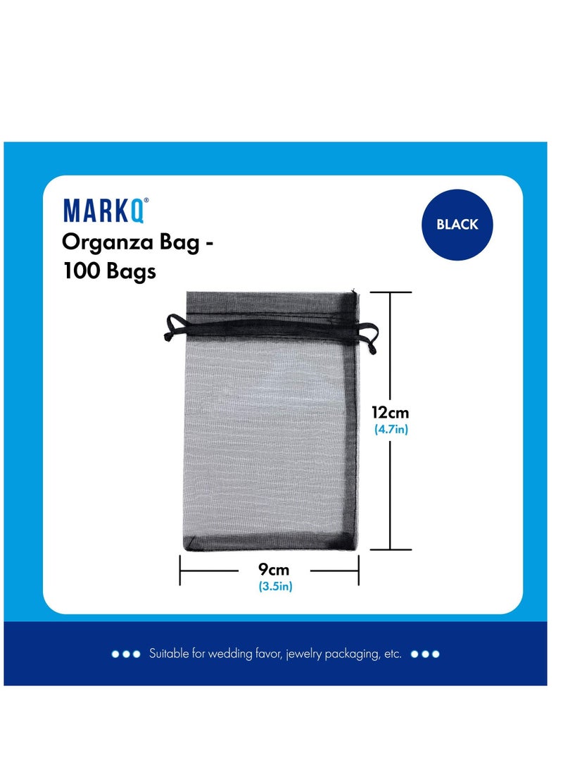 MARKQ 100 Pieces Organza Bags with Drawstrings | 9 X 12 cm Organza Bags for Jewelry Pouches, Candies and Wedding Party | Eid Christmas Bags for Gifts | Organza Gift Bags | Goody Bags (Black)  - Image 2