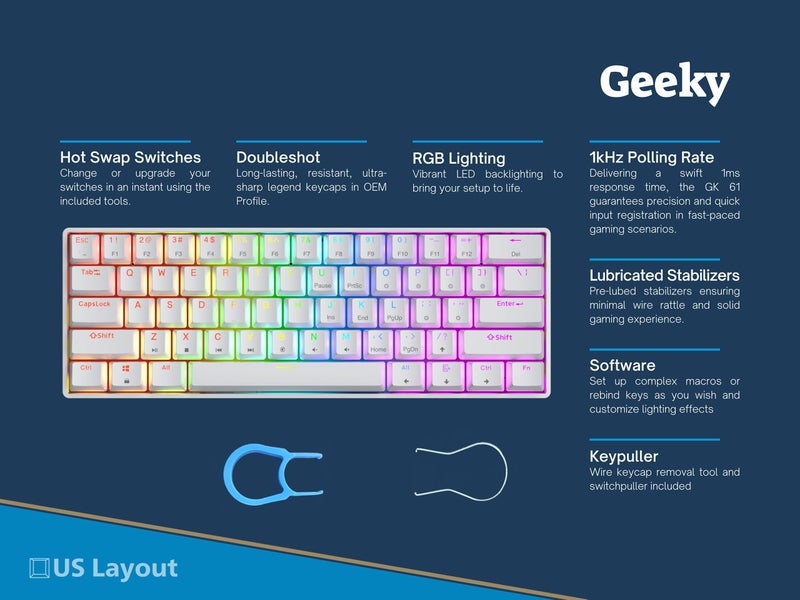 Geeky GK61 60% | Hot Swappable Mechanical Gaming Keyboard | 61 Keys Multi Color RGB LED Backlit for PC/Mac Gamer | ANSI US American Layout (White, Mechanical Red) - Image 2