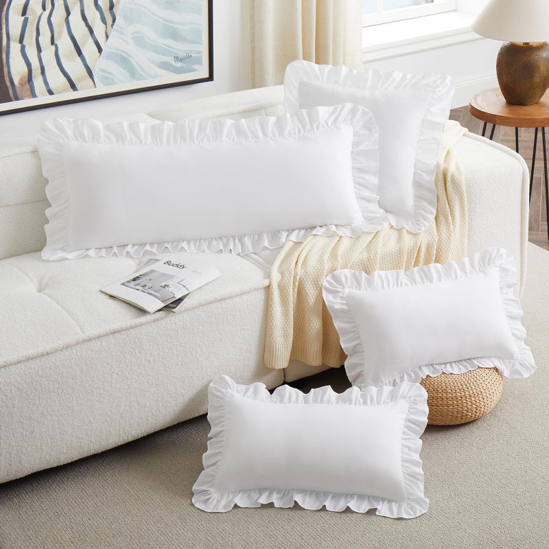 KKJIAF White Lumbar Pillow Covers 12x20 Inch Set of 2, Microfiber Ruffled Pillow Shams, Ruffle Sham Pillow Covers Lumbar Pillow Case for Couch Bed Livingroom - Image 4