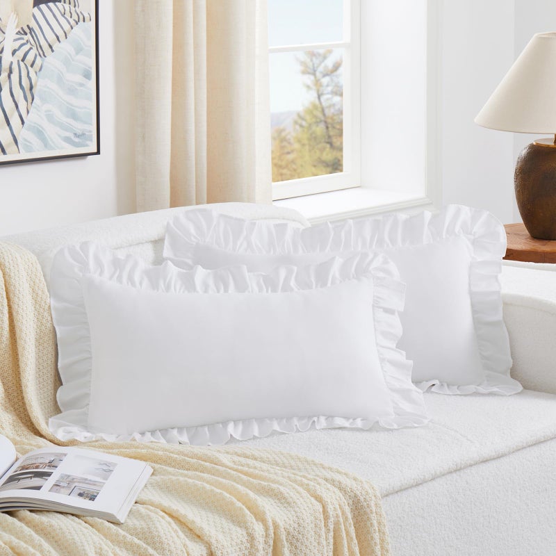 KKJIAF White Lumbar Pillow Covers 12x20 Inch Set of 2, Microfiber Ruffled Pillow Shams, Ruffle Sham Pillow Covers Lumbar Pillow Case for Couch Bed Livingroom - Image 1