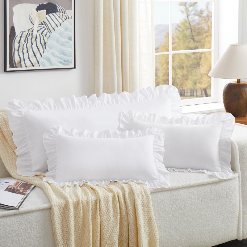 KKJIAF White Lumbar Pillow Covers 12x20 Inch Set of 2, Microfiber Ruffled Pillow Shams, Ruffle Sham Pillow Covers Lumbar Pillow Case for Couch Bed Livingroom - Image 2