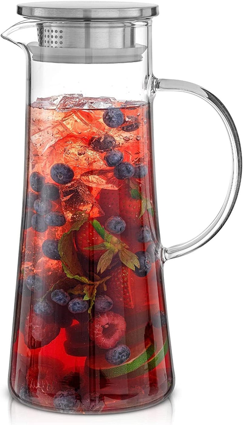 KELVEE 1.3 Liter Glass Pitcher with Stainless Steel lid iced Tea Pitcher Water jug hot & Cold Water Wine Coffee Milk Juice Beverage Carafe and Sun Tea jar, 1300ml - Image 4
