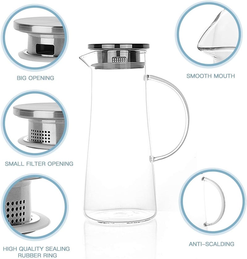 KELVEE 1.3 Liter Glass Pitcher with Stainless Steel lid iced Tea Pitcher Water jug hot & Cold Water Wine Coffee Milk Juice Beverage Carafe and Sun Tea jar, 1300ml - Image 2