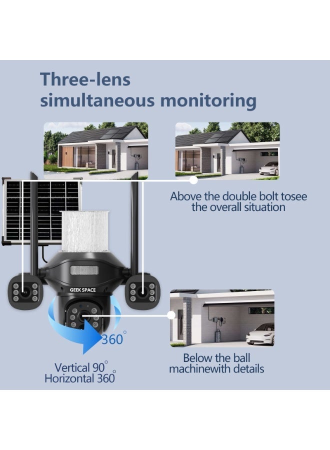GEEK SPACE WiFi Solar Security Camera 3 Lens Outdoor PTZ 360° AI Motion Detection Full Color Night Vision Waterproof Two-Way Audio Auto Tracking Rechargeable Battery HD Remote Monitoring Home Office Farm Protection - Image 1