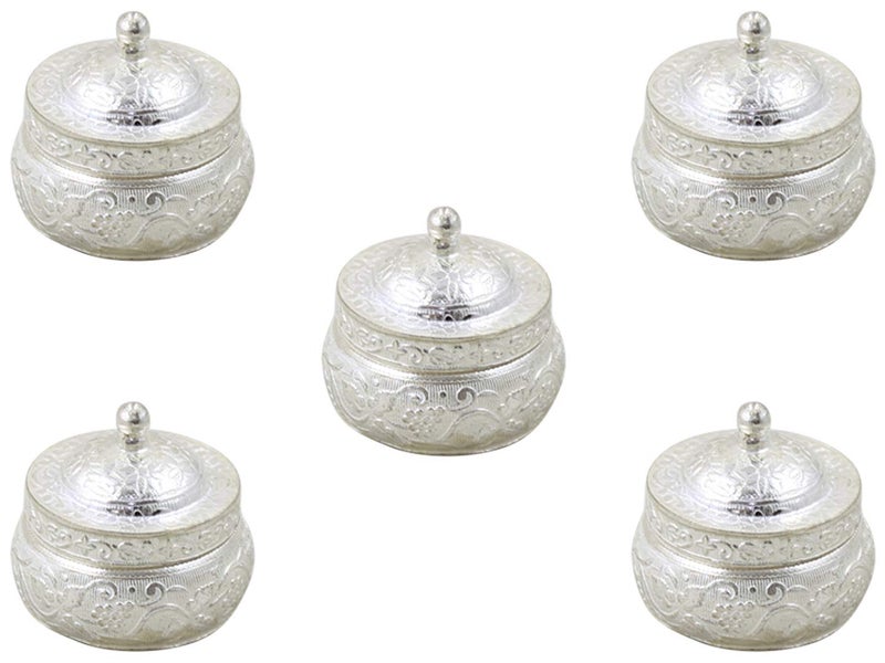 GoldGiftIdeas GoldGiftIdeas Silver Plated Nakshi Round Sindoor Dabbi with Lid Womens Designer Wedding Sindoor Box for Return Gift Pooja Items for Home with Potli Bags Pack of 5  - Image 1