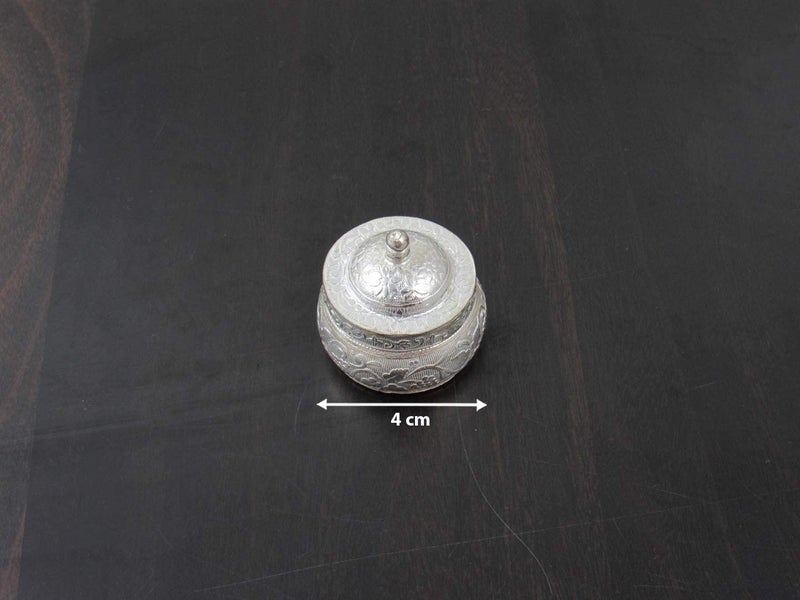 GoldGiftIdeas GoldGiftIdeas Silver Plated Nakshi Round Sindoor Dabbi with Lid Womens Designer Wedding Sindoor Box for Return Gift Pooja Items for Home with Potli Bags Pack of 5  - Image 2