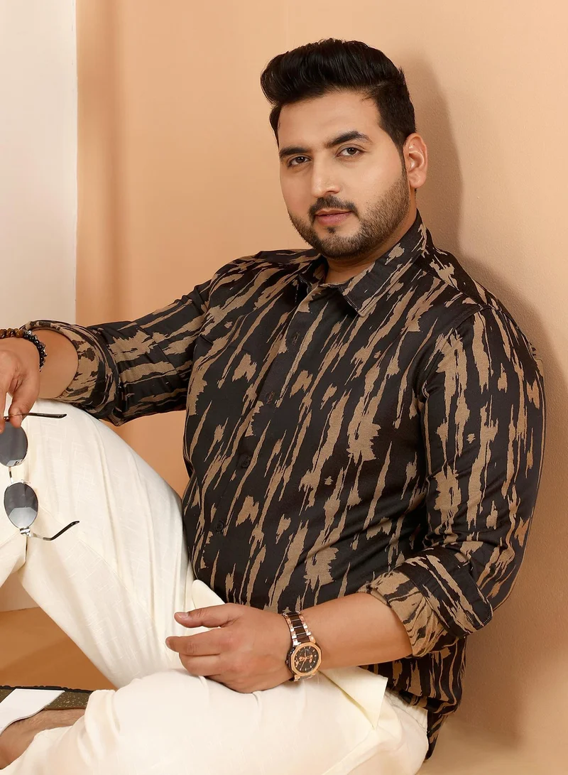Instafab Plus Instafab Plus Men's Onyx Black & Camel Brown Abstract-Fluid Shirt For Casual Wear | Spread Collar | Long Cuffed Sleeves | Button Closure | Plus Size Shirt Crafted With Comfort Fit For Everyday Wear