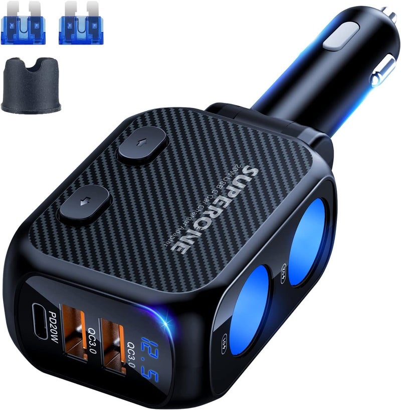SUPERONE 180W Cigarette Lighter Splitter with 20W PD 2Socket Cigarette Lighter Adapter Fast USB C Car Charger with TypeC 20W PD QC 30 for Dash Cam GPS iPadLaptopiPhone 16151413Samsung