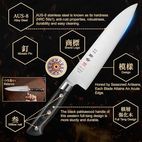 kanngou 8.27 Inch Japanese Chef Knife Kitchen Knife, Japan AUS-8 Alloy Steel Gyuto Knife with Full-Tang Pakkawood Handle, Chef's Knives with Premium Gift Box (Classic Series) - Image 2