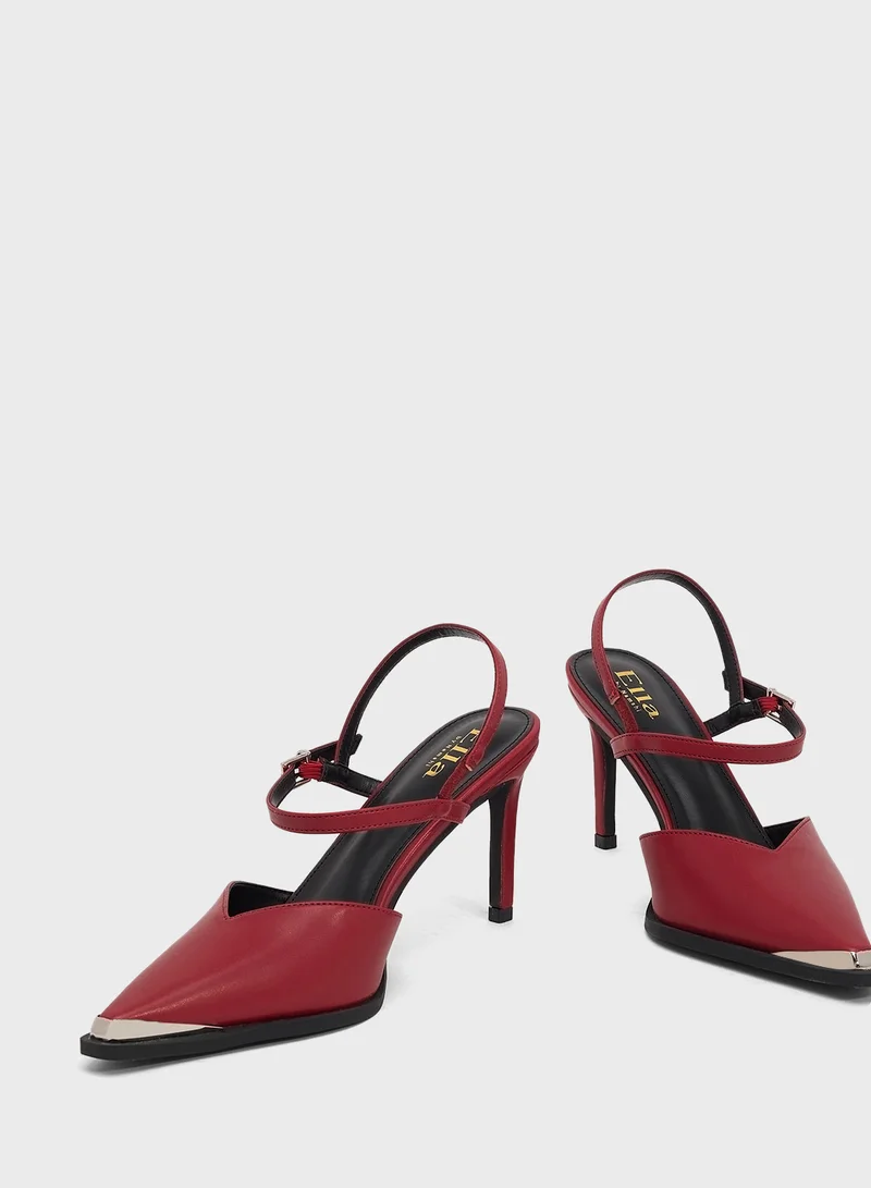 ELLA High Heel Ankle Strap Pump With Metallic Trim