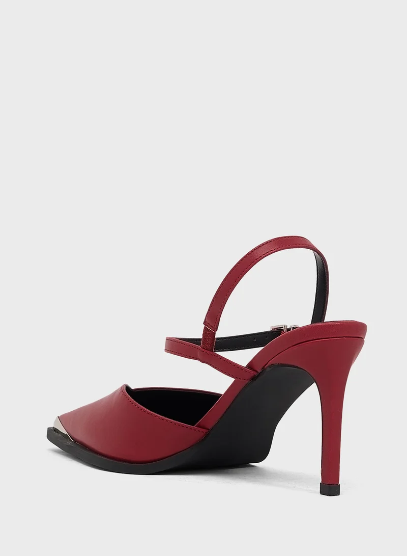 ELLA High Heel Ankle Strap Pump With Metallic Trim