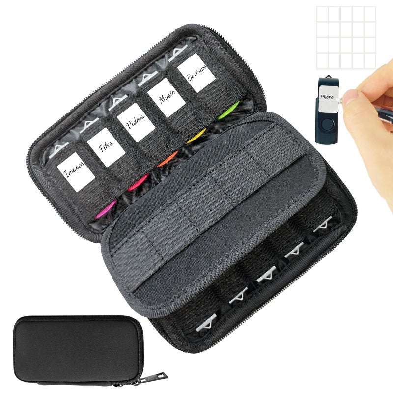 JBOS USB Flash Drive Case with 10 USB Drive Slots and 10 Memory Card Slots Storage Organizer Case Holder for Thumb Drives Jump Drives SD Cards with Zipper Bag Black - Image 1