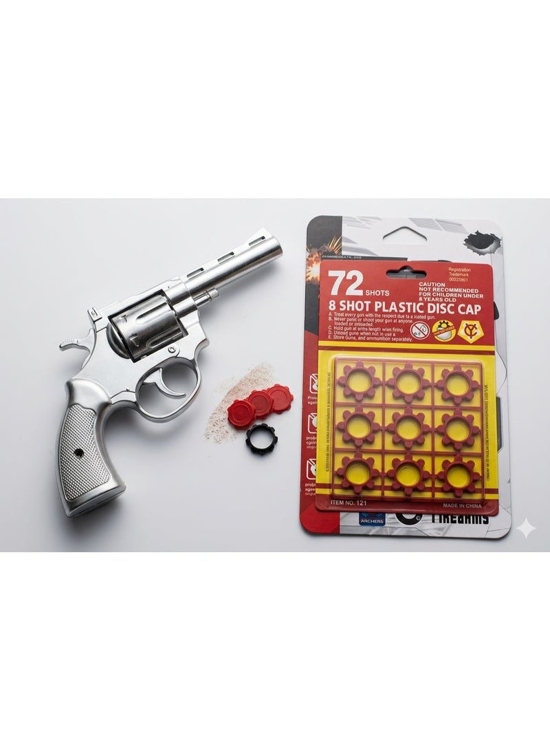 Toy gun for kids - metal and plastic design with 72 sound shots, one piece in a random color.