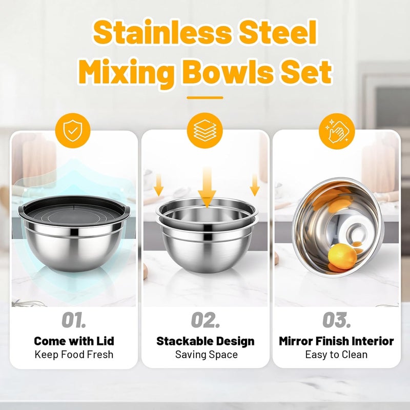 Beasea Mixing Bowls with Lids Set, 2 Pack 2 QT Stackable Stainless Steel Mixing Bowls with Airtight Lids, Kitchen Nesting Metal Bowl for Baking, Meal Prep, Salad, Food Storage - Image 3