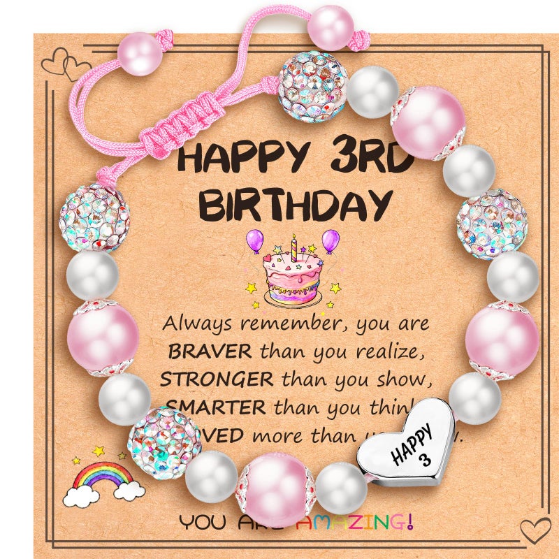 Esrial Happy 3 Year Old Birthday Gifts for Girls, Adjustable Pink Pearl Heart Beaded Bracelet for Daughter Granddaughter Niece Birthday Christmas Gifts - Image 1