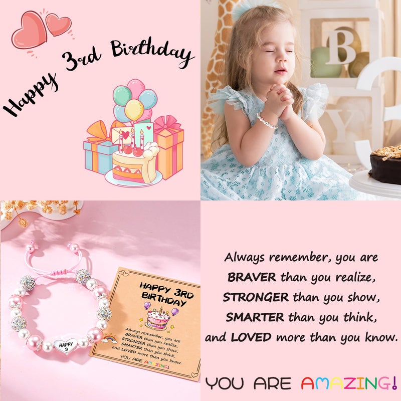 Esrial Happy 3 Year Old Birthday Gifts for Girls, Adjustable Pink Pearl Heart Beaded Bracelet for Daughter Granddaughter Niece Birthday Christmas Gifts - Image 3