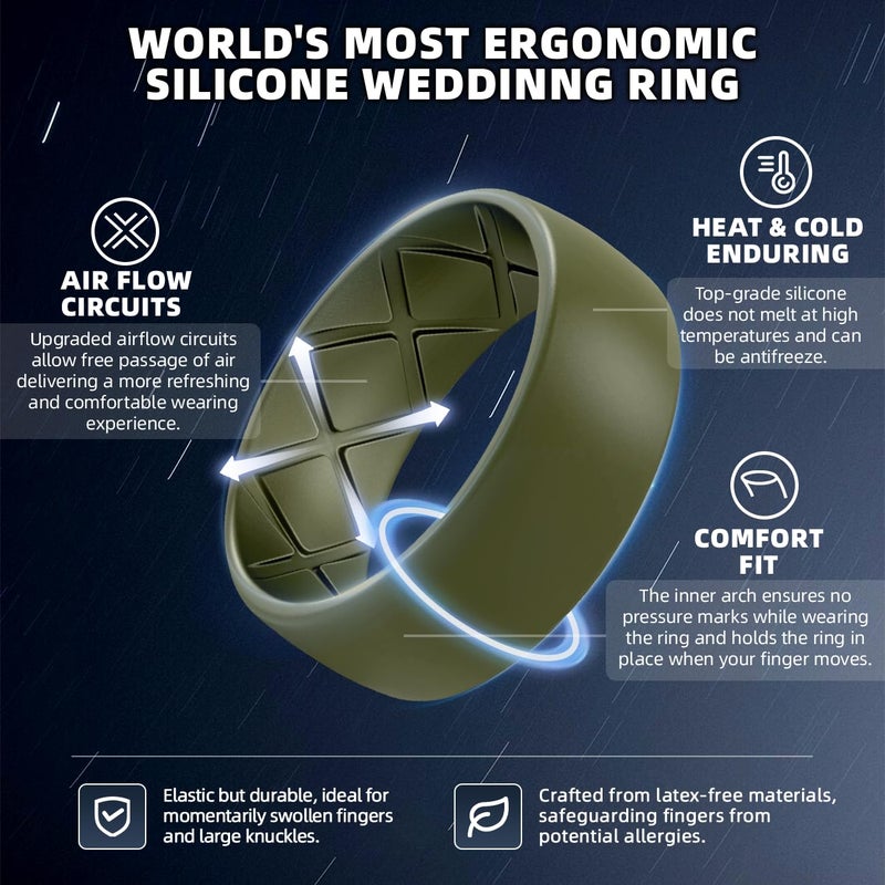 Egnaro Men's Silicone Rings 8mm Wide 2.5mm Thick, Multipack Ergonomic Rubber Wedding Bands For Him, Breathable Grooves For Workout - Image 2