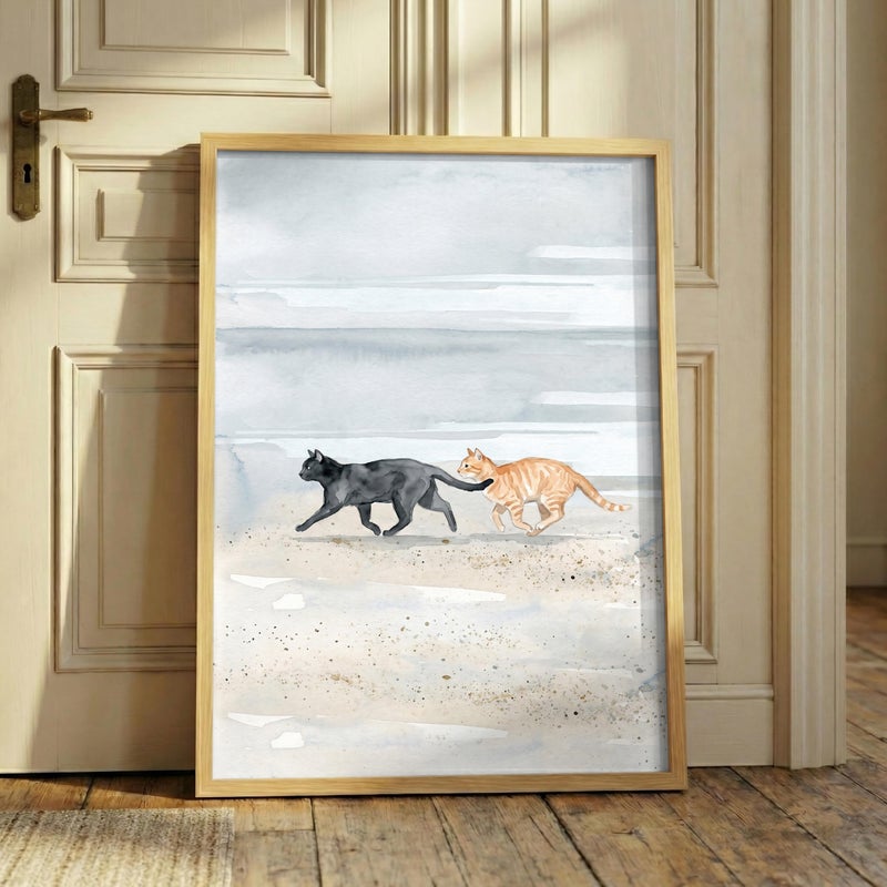 TNESSENTIAL Cats On Beach Print – Black & Ginger Cat Beach Art, Coastal Cat Wall Decor, Seashore Pet Illustration, Minimalist Watercolor Cats Print - Image 1