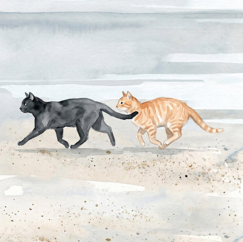 TNESSENTIAL Cats On Beach Print – Black & Ginger Cat Beach Art, Coastal Cat Wall Decor, Seashore Pet Illustration, Minimalist Watercolor Cats Print - Image 2