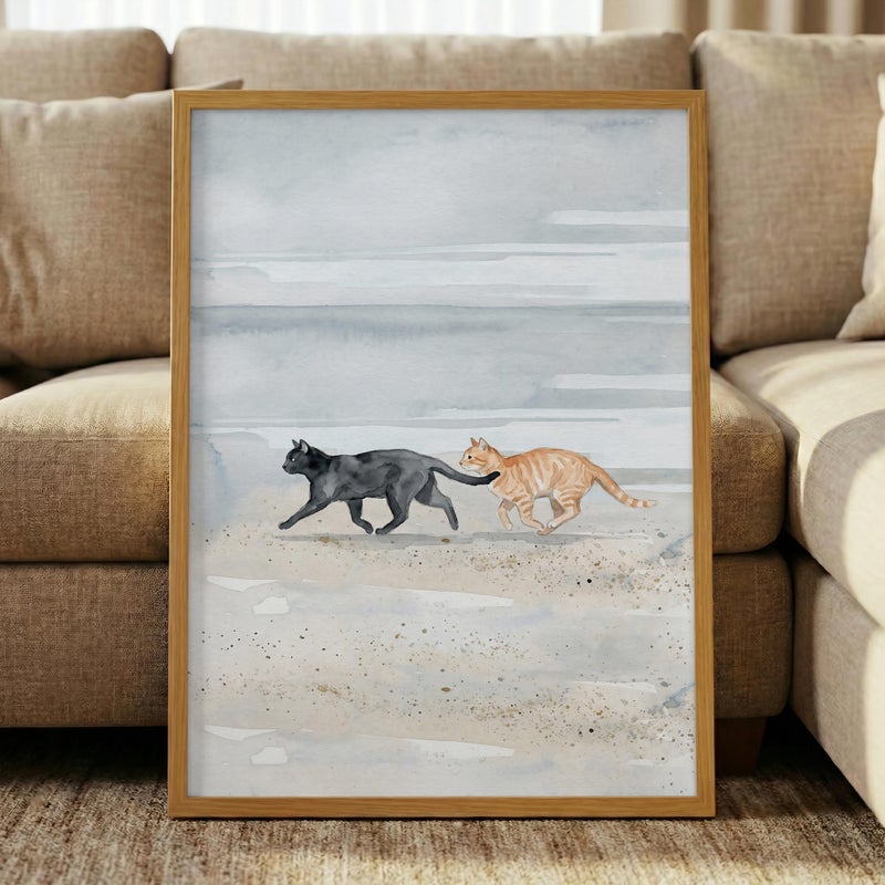 TNESSENTIAL Cats On Beach Print – Black & Ginger Cat Beach Art, Coastal Cat Wall Decor, Seashore Pet Illustration, Minimalist Watercolor Cats Print - Image 5