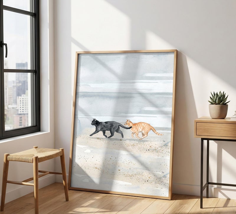 TNESSENTIAL Cats On Beach Print – Black & Ginger Cat Beach Art, Coastal Cat Wall Decor, Seashore Pet Illustration, Minimalist Watercolor Cats Print - Image 4