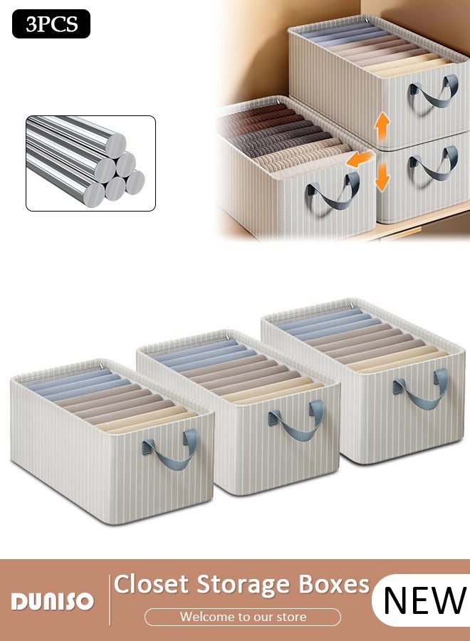 DUNISO 3PCS Wardrobe Clothes Organizer with Portable Handle, Large Capacity Closet Storage Organizer with Steel Frame Support, Foldable Fabric Storage Bins for Clothes Jeans, Washable Closet Storage Boxes Storage Bin for Home Office
