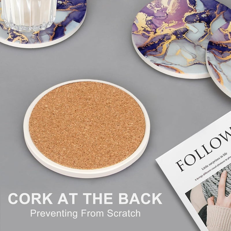 Deceram Purple Agate Coasters With Holder - Absorbent Drink Set of 6 Modern Marble Coasters for Coffee Table, Kitchen - Unique Geode Decor Gift for Women - Cool Bar and Cute Ceramic Cup Coasters - Image 5