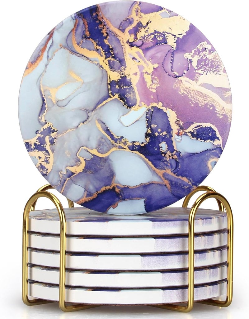 Deceram Purple Agate Coasters With Holder - Absorbent Drink Set of 6 Modern Marble Coasters for Coffee Table, Kitchen - Unique Geode Decor Gift for Women - Cool Bar and Cute Ceramic Cup Coasters - Image 1
