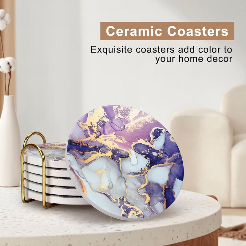 Deceram Purple Agate Coasters With Holder - Absorbent Drink Set of 6 Modern Marble Coasters for Coffee Table, Kitchen - Unique Geode Decor Gift for Women - Cool Bar and Cute Ceramic Cup Coasters - Image 2