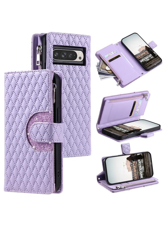 Green Tiger Case For Google Pixel 9 Pro XL Glitter Lattice Zipper Wallet Leather Phone Case - Image 1