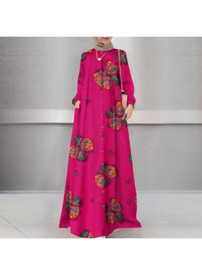 202 New Cotton And Linen Print Long Shirt Muslim Large Size Women's Loose Casual Retro Long Sleeve Dress