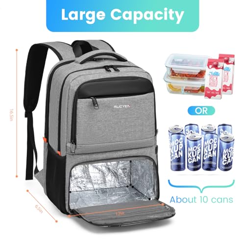 RUCYEN Lunch Backpack, Insulated Cooler Backpack Lunch Box for Men Women, 15.6 Inches RFID Blocking Laptop Backpack with USB Port for Work Travel Picnics Hiking Grey - Image 3