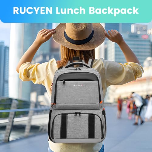 RUCYEN Lunch Backpack, Insulated Cooler Backpack Lunch Box for Men Women, 15.6 Inches RFID Blocking Laptop Backpack with USB Port for Work Travel Picnics Hiking Grey - Image 5