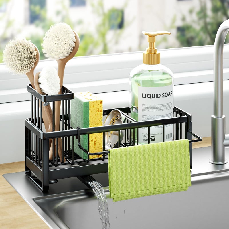 HapiRm Sponge Holder for Kitchen Sink Selfdraining Sink Caddy with Brush and Dishcloth Holders Stainless Steel Kitchen Organizer for Countertop Black