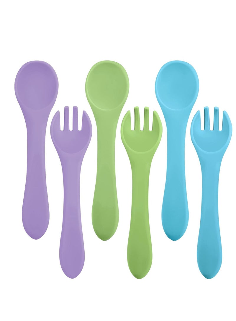 Excefore Silicone Baby Feeding Forks and Spoons Set Hot Safety First Stage Self Feeding Supplies Mini Kids Utensils for Over 6 Months Babies Boy Girl Toddlers First Foods 6 Pieces - Image 1