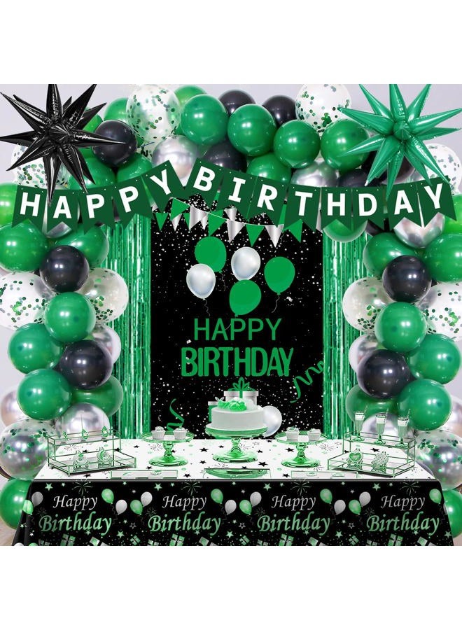 Pounira Green and Black Birthday Decorations for Men Women, Green Party Decorations Happy Birthday Decorations for Boys Happy Birthday Banner Door Decor, Tablecloth Backdrop Star Balloons Bday Party Supplies - Image 1