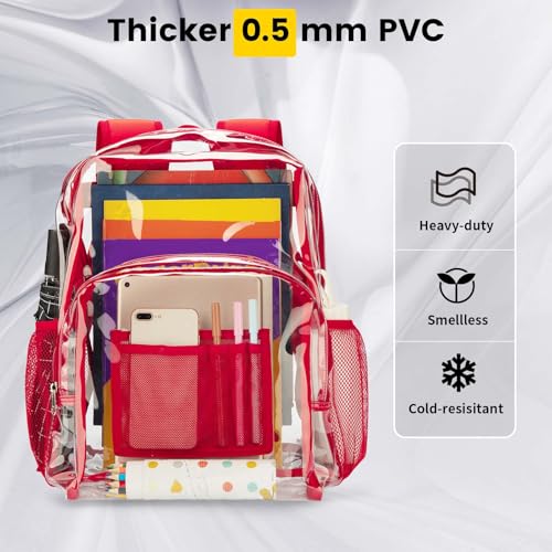 Vorspack Clear Backpack Heavy Duty PVC Transparent Backpack with Reinforced Strap Stitches & Large Capacity for College Workplace Security - Red - Image 3
