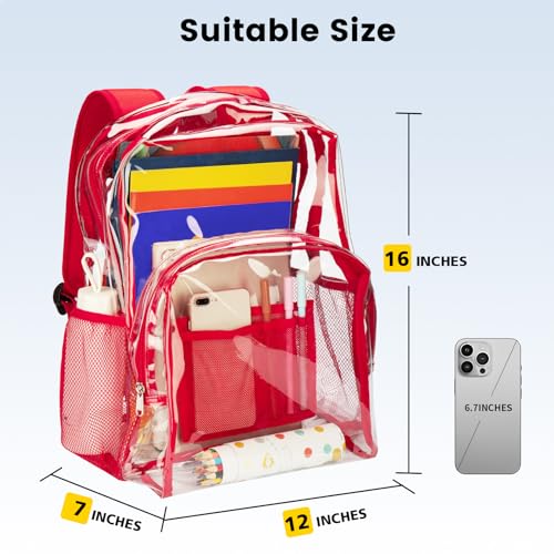Vorspack Clear Backpack Heavy Duty PVC Transparent Backpack with Reinforced Strap Stitches & Large Capacity for College Workplace Security - Red - Image 2