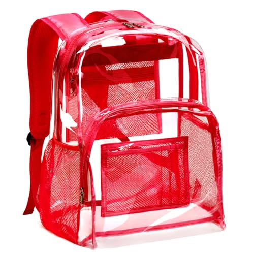 Vorspack Clear Backpack Heavy Duty PVC Transparent Backpack with Reinforced Strap Stitches & Large Capacity for College Workplace Security - Red - Image 1