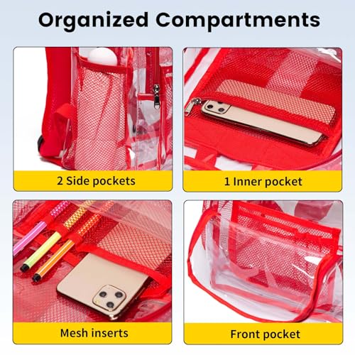 Vorspack Clear Backpack Heavy Duty PVC Transparent Backpack with Reinforced Strap Stitches & Large Capacity for College Workplace Security - Red - Image 5