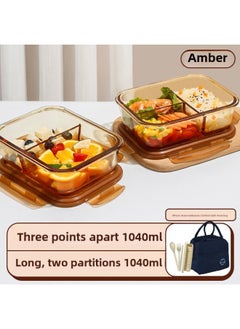 Glass Lunch Box With Rice Separator Bowl Glass Preservation Box Microwave Heating Lunch Box For Students Office Student Lunch Box-Specifications:1040 Long, Three Compartments + 52kg Compartments Long + Bear Meal Bag + Wheat Straw Tableware-Color:Brown Borosilicate Glass