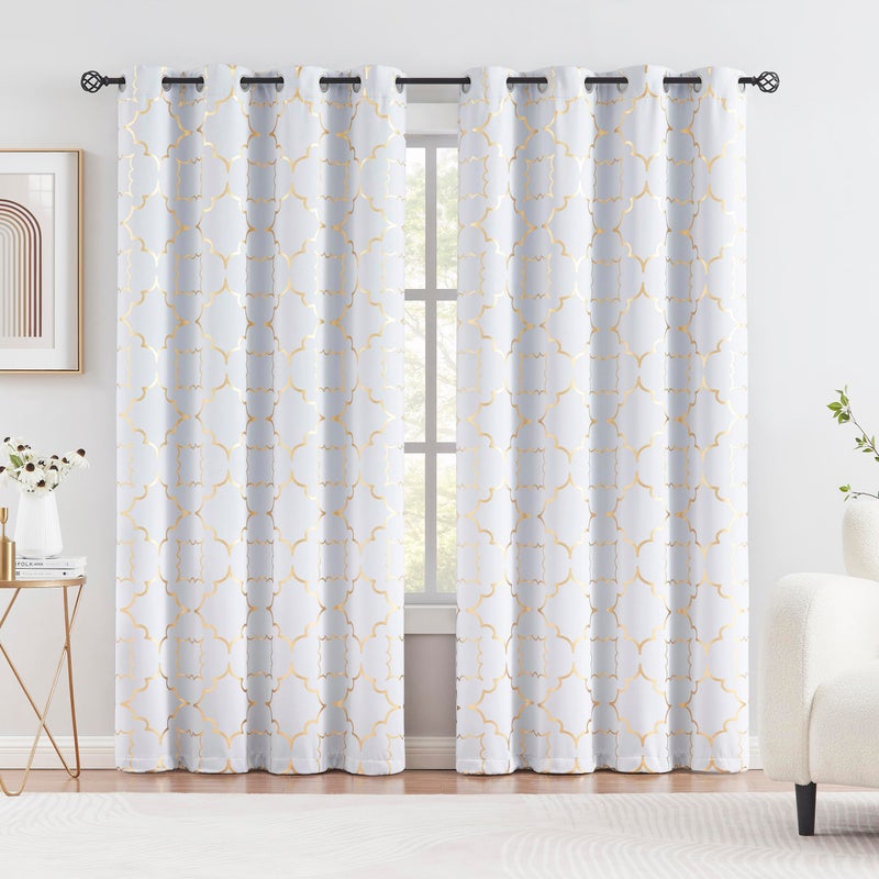 Purainbow White Blackout Curtain Panels for Bedroom 84" Gold Foil Moroccan Metallic Print Energy Efficient Drapes for Bedroom Living Room, Thermal Insulated Window Treatments Grommet Top 2 Panels - Image 1