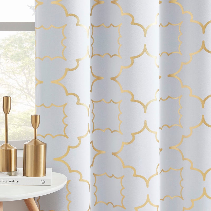 Purainbow White Blackout Curtain Panels for Bedroom 84" Gold Foil Moroccan Metallic Print Energy Efficient Drapes for Bedroom Living Room, Thermal Insulated Window Treatments Grommet Top 2 Panels - Image 2