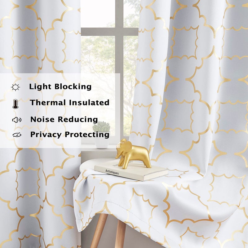 Purainbow White Blackout Curtain Panels for Bedroom 84" Gold Foil Moroccan Metallic Print Energy Efficient Drapes for Bedroom Living Room, Thermal Insulated Window Treatments Grommet Top 2 Panels - Image 3
