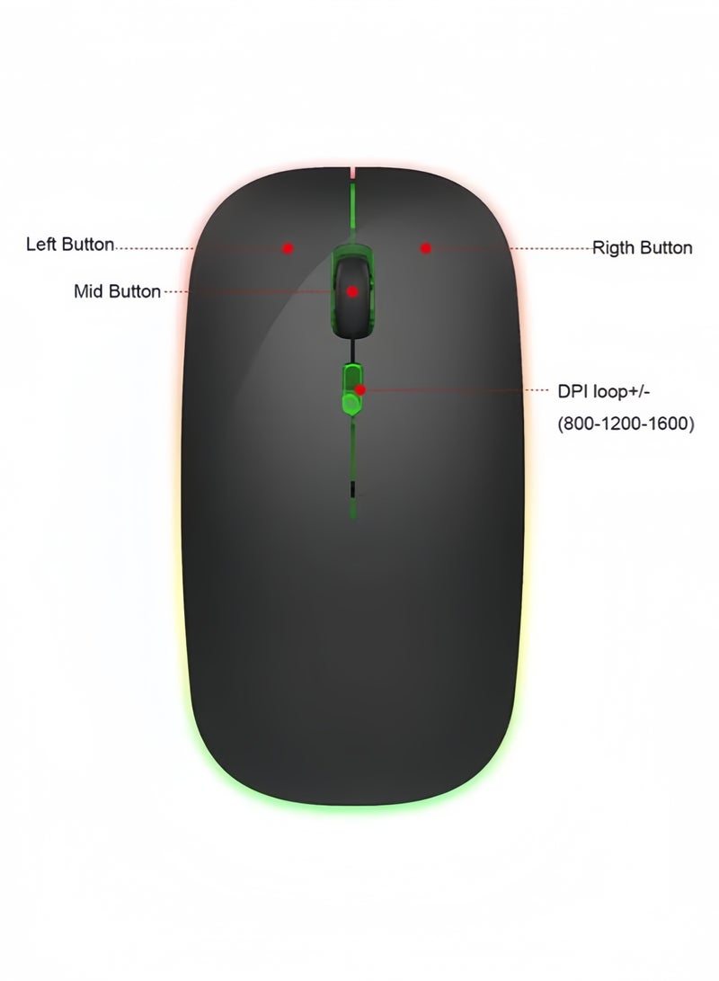 600mAh Wireless Mouse, Bluetooth Mouse, LED Rechargeable Bluetooth Mouse (Bluetooth 5.1+2.4G Wireless) Ultra-Thin/Silent Wireless Mouse for PC MacBook, Laptop, Tablet (Black)  - Image 2