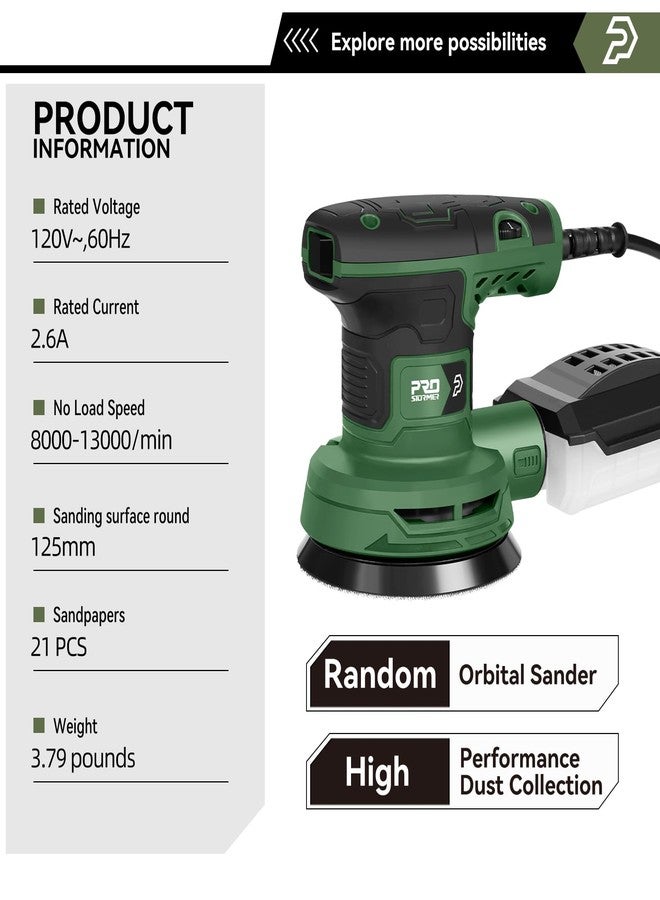 Prostormer 5-Inch Random Orbital Sander with 21PCS Sandpapers, 8000-13000RPM, 2.6AMP Palm Sander with 6 Variable Speeds, Dust Collection For Polishing, Sanding - Image 2