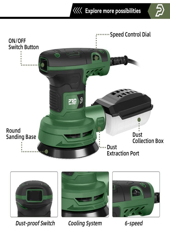 Prostormer 5-Inch Random Orbital Sander with 21PCS Sandpapers, 8000-13000RPM, 2.6AMP Palm Sander with 6 Variable Speeds, Dust Collection For Polishing, Sanding - Image 3