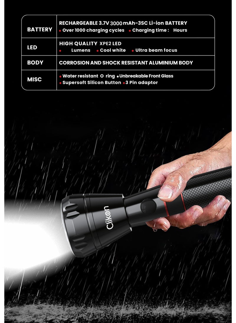 فلاشلايت/ مصباح/ ضوء تخييم قابل لإعادة الشحن من كليكون مع هيكل من الألمنيوم وبطارية ليثيوم أيون بسعة 3000 مللي أمبير، مدى 200 متر - view 3
